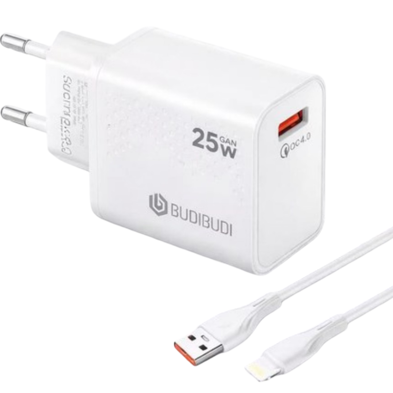 Φορτιστής USB-A 25W QC Fast Charger Με Καλώδιο Lightning Budi-030